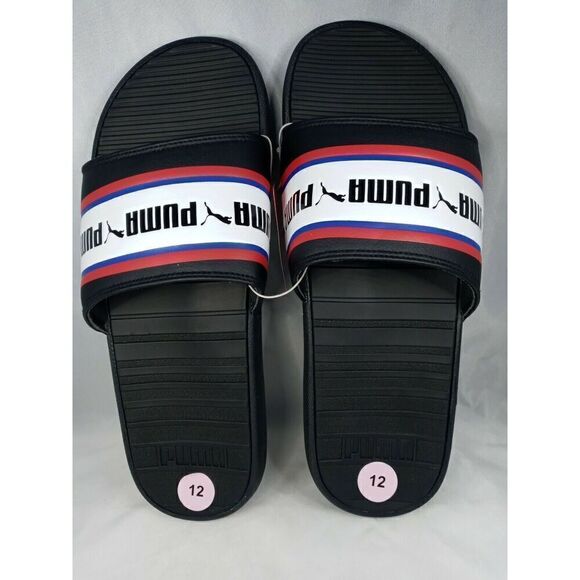 Puma Cool Cat Stripe Repeat Mens Sz  12  Black Red Slip On Slides Sandals New